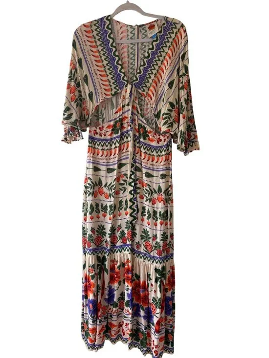 FARM Rio X Anthropologie V-Neck Kaftan Maxi Dress With CutOut Fruit Floral Print - Picture 2 of 12